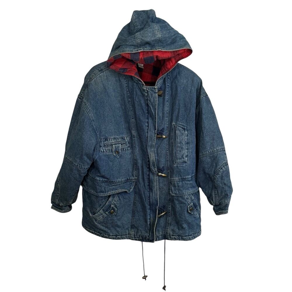 VTG The Limited Large Coat Distressed Flaws Hooded Red Plaid Lining Hippie READ